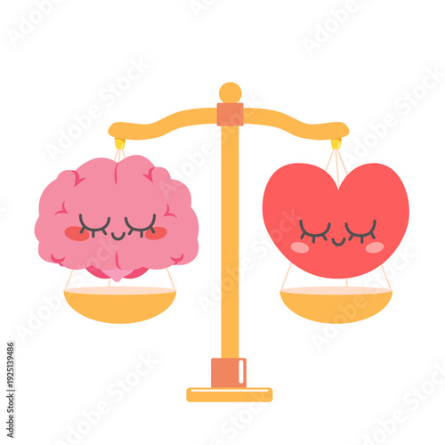 Cartoon illustration of a heart and brain character balanced on a golden scale representing emotional intelligence, decision making and mental equilibrium concept