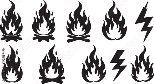 Set of fire icons. Flame design of different shapes. Bonfire images flames elements on transparent background