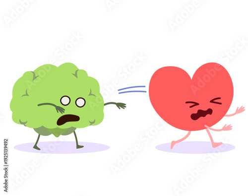 Cartoon illustration of a zombie brain chasing a desperate running heart concept for anxiety, stress and mental overload concept