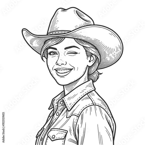 cheerful cowgirl wearing a western hat and denim shirt, winking with playful country charm sketch engraving generative ai fictional character vector illustration. Scratch board. Black and white image.