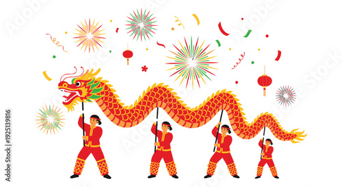 People performing traditional chinese dragon dance with fireworks