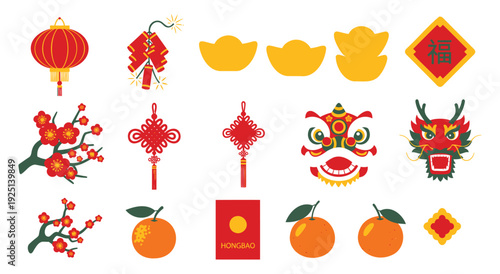 Set of chinese new year traditional flat icons for holidays