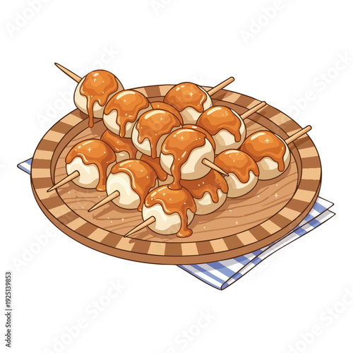 Caramel Drizzled Mochi Skewers on a Wooden Plate