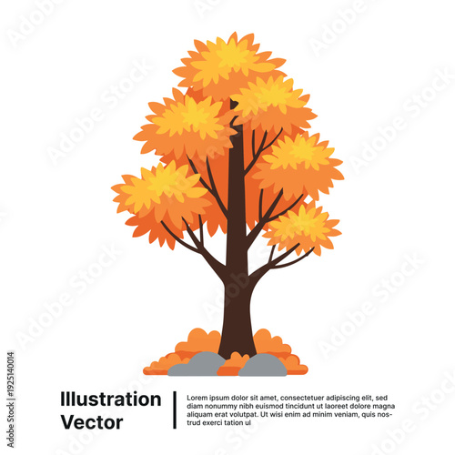 Vibrant autumn tree standing tall on a hill, viewed from a slight elevation, in a flat illustration style