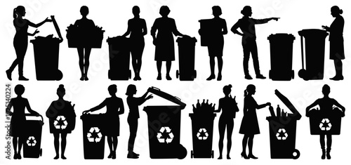 Women Silhouette Collection Recycling and Waste Management with Trash Bins Isolated on Transparent Background