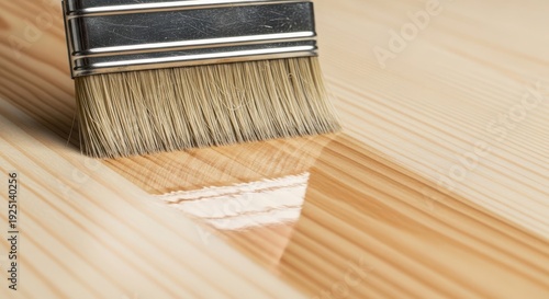 A paintbrush resting on freshly varnished wooden flooring with visible brushstrokes.