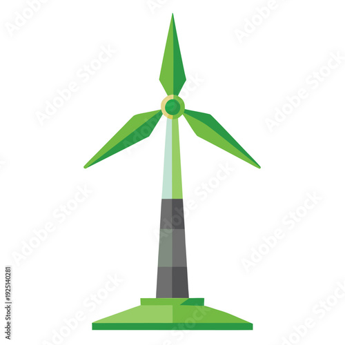 Green wind turbine on white background with renewable energy blades
