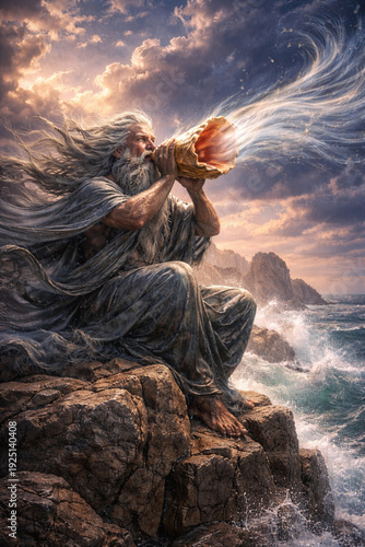 
Poseidon blows into a shell