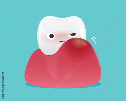 Adorable cartoon tooth with swollen gums showing periodontal disease symptoms, ideal for dental health education, clinic content, and oral care awareness materials. Toothache and Gingivitis