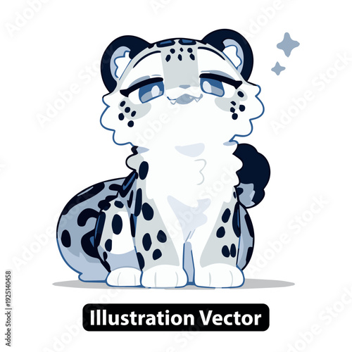 Adorable cartoon leopard illustration with blue eyes sitting calmly on a simple background from a front viewpoint