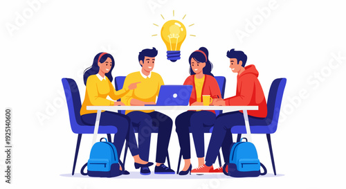 Team collaboration and idea generation vector illustration. Four young people working together at a table with a laptop, brainstorming under a glowing lightbulb. Created in flat cartoon style