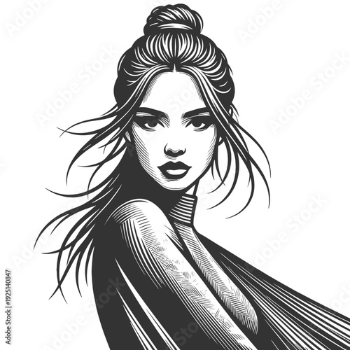 young woman with flowing hair, illustrated in detailed engraving style with dramatic lines sketch engraving generative ai fictional character vector illustration. Scratch board. Black and white image.