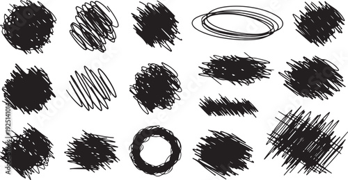 Charcoal pencil curly lines, squiggles and shapes. Grunge pen scribbles collection. Hand drawn vector pencil lines and doodles. Bright color charcoal or chalk drawing.