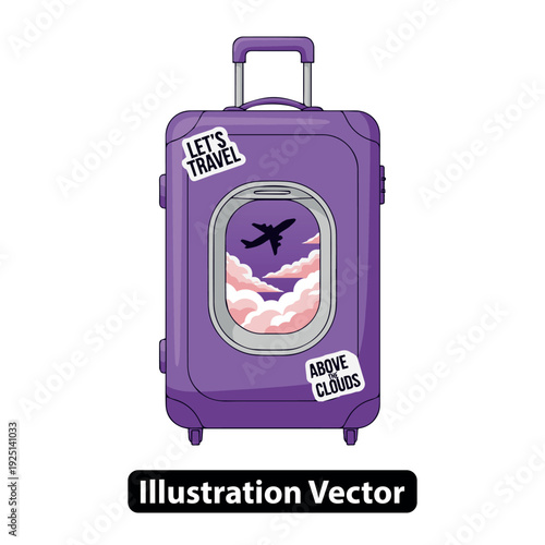 A vibrant purple suitcase with travel stickers and an airplane soaring through the clouds, vector illustration for travel enthusiasts