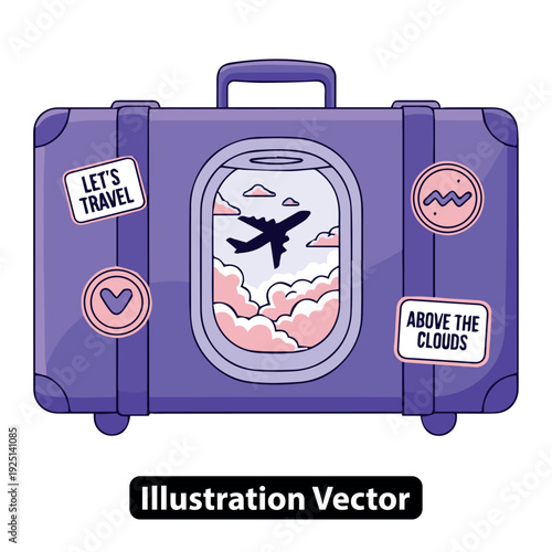Vibrant purple suitcase with travel stickers and airplane flying above clouds illustration vector graphic