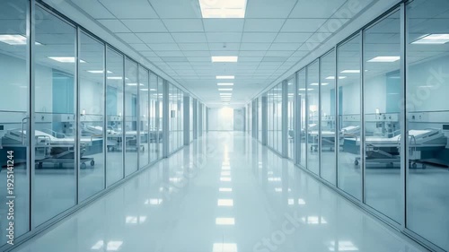 Bright hospital hallway with glass walls and patient beds inside rooms