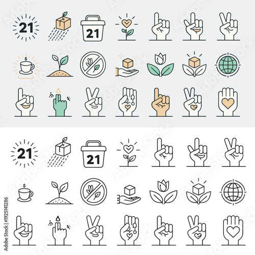 Hand gesture and eco lifestyle icon set with calendar 21, package delivery, coffee, heart, leaves, globe and line art symbols featuring icons, outline, vector with minimal and flat design elements