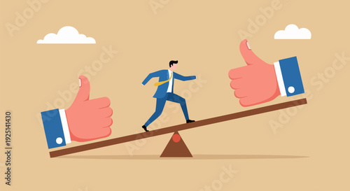 Businessman balancing on a seesaw between two large thumbs up icons, symbolizing approval and success in business decisions.