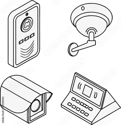 Security camera and alarm system icon set. Includes security camera, alarm, doorbell, and intercom. Created in line style with black and white palette