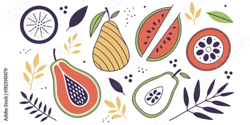 A colorful illustration of various tropical fruits and leafy botanical elements