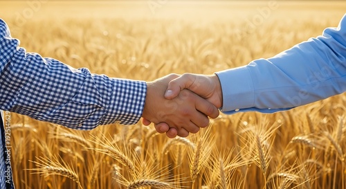 Symbolic gesture of trust and partnership showing a handshake over a sunny, harvest-ready field of golden wheat