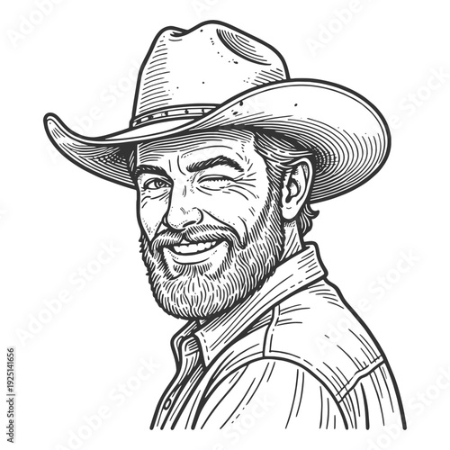 cheerful cowboy wearing wide brim hat, winking expression, rustic western character on white sketch engraving generative ai fictional character vector illustration. Scratch board. Black and white.