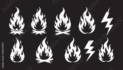 Set of fire icons. Flame design of different shapes. Bonfire images flames elements on transparent background