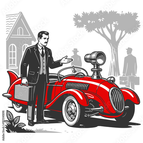 well dressed businessman standing beside a red vintage sports car, holding briefcase in nostalgic setting sketch engraving generative ai vector illustration. Scratch board. Black and white image.