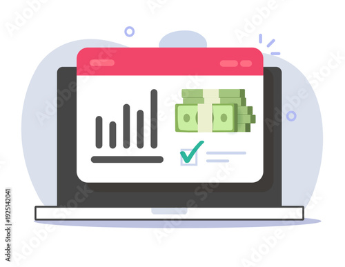 Finance profit income stats as business marketing strategy boost icon vector online on laptop computer modern graphic illustration design, digital sales growth report dashboard clip art
