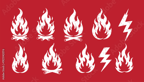Set of fire icons. Flame design of different shapes. Bonfire images flames elements on transparent background