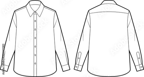 Modern white long sleeve button down shirt template, front and back view vector mockup for fashion apparel presentation