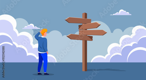 Confused man standing in front of wooden direction signpost with multiple blank arrows under a cloudy sky, symbolizing choice and decision-making.