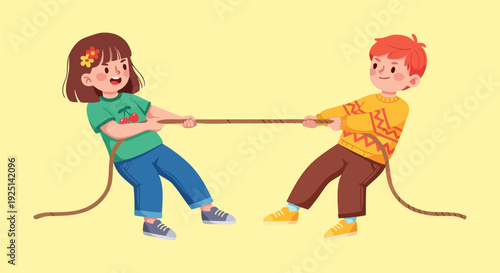 Cartoon illustration of a boy and girl playing tug of war, depicting competition and teamwork