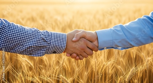 A close-up handshake between two men over a ripe, golden grain field representing a solid agricultural deal