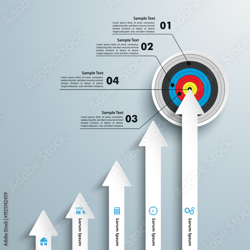 Business Growth and Success Infographic. Vector Illustration of Five Rising Arrows Leading to a Central Target with a 4-Step Process Timeline