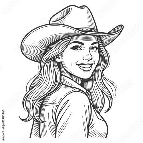 cheerful cowgirl wearing a western hat and denim shirt, winking with playful country charm sketch engraving generative ai fictional character vector illustration. Scratch board. Black and white image.