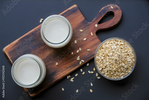 Oatmeal and oat milk on wooden board