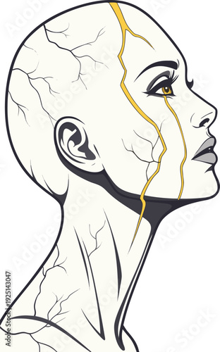Profile view of a woman's head and neck with cracked skin and gold lines, isolated on a white background