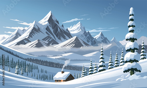 A cozy cabin nestled in a snowy mountain landscape with towering peaks