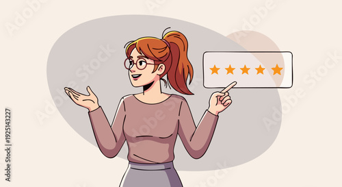Woman pointing at five-star customer review rating. Flat vector illustration of a happy female character giving feedback, testimonial, or satisfaction survey.