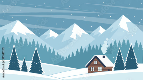 A cozy cabin nestled in a snowy mountain landscape with evergreen trees