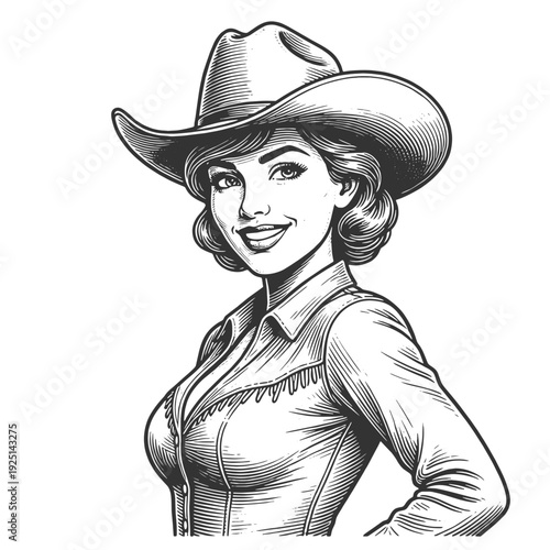 cheerful cowgirl wearing a western hat and denim shirt, winking with playful country charm sketch engraving generative ai fictional character vector illustration. Scratch board. Black and white image.