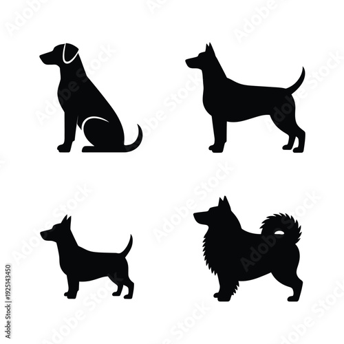 Black dog silhouette icons, small breed outlines, minimal vector set for rescue drive poster, obedience class session, pet adoption branding