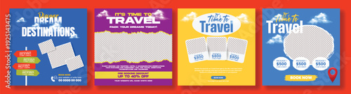 Set of Travel Agency Social Media Templates for Advertising, Summer Holiday Vacation, Study Abroad, Hotel Resort Booking, Tour Package Promotion, Banner Template Bundle, Square Flyer Poster Collection