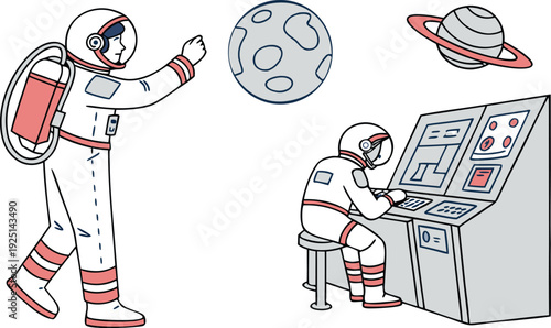 Space astronaut icon set. Includes astronauts, space suit, planet, spacecraft control panel. Created in line style with red, white, and blue palette