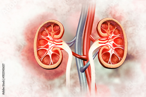 Human kidneys anatomy structure, kidney disease. 3d illustration