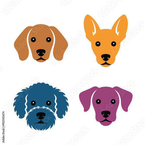Colorful cartoon dog faces set, six playful breed icons for kids activity poster, obedience workshop session, veterinary clinic promotion