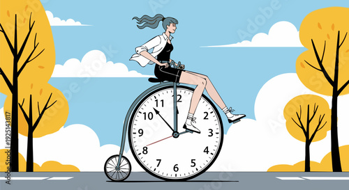 Woman riding a vintage penny-farthing bicycle with a clock face wheel on a road with yellow trees under a blue sky.
