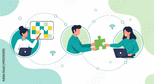 Remote team collaboration vector illustration. Includes online meeting, problem-solving, and project management. Created in flat cartoon style with green and blue palette.
