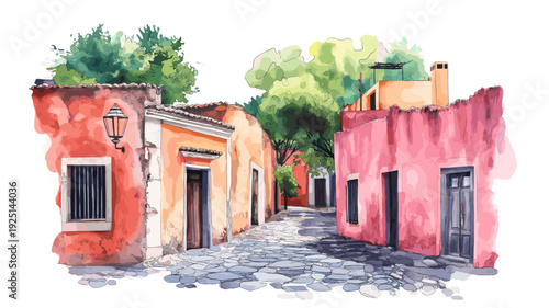 Colonia del Sacramento. Colonia del Sacramento hand drawn watercolor illustration